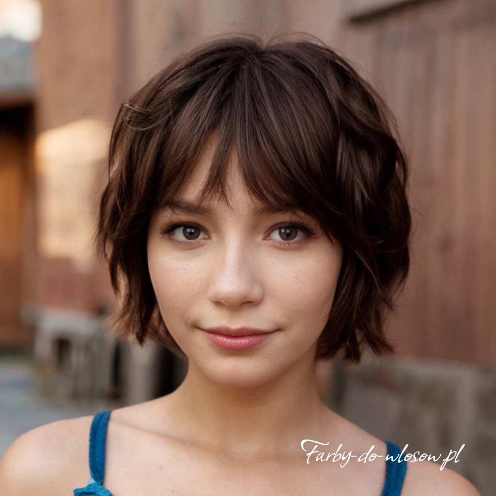 Krótkie ciemne włosy z grzywką curtain bangs