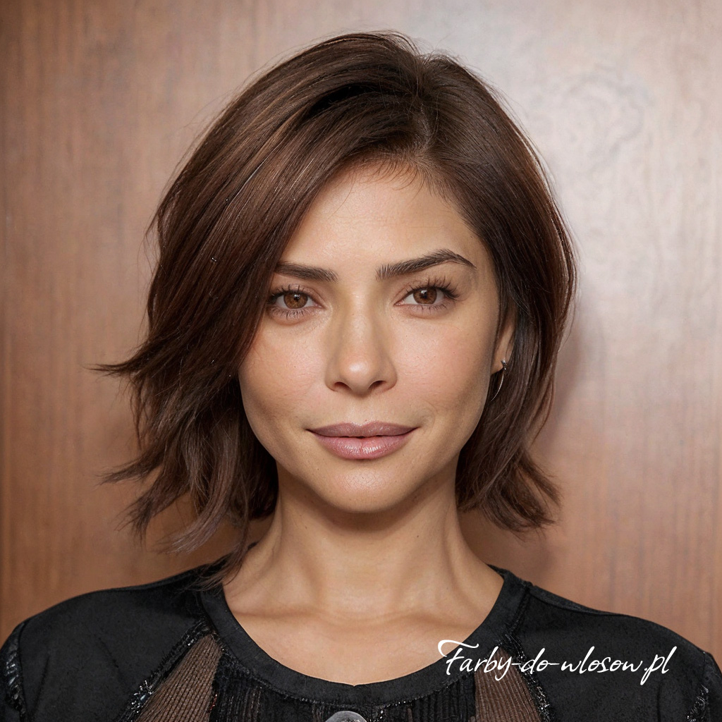 Bob kasztanowe włosy z grzywką na bok
